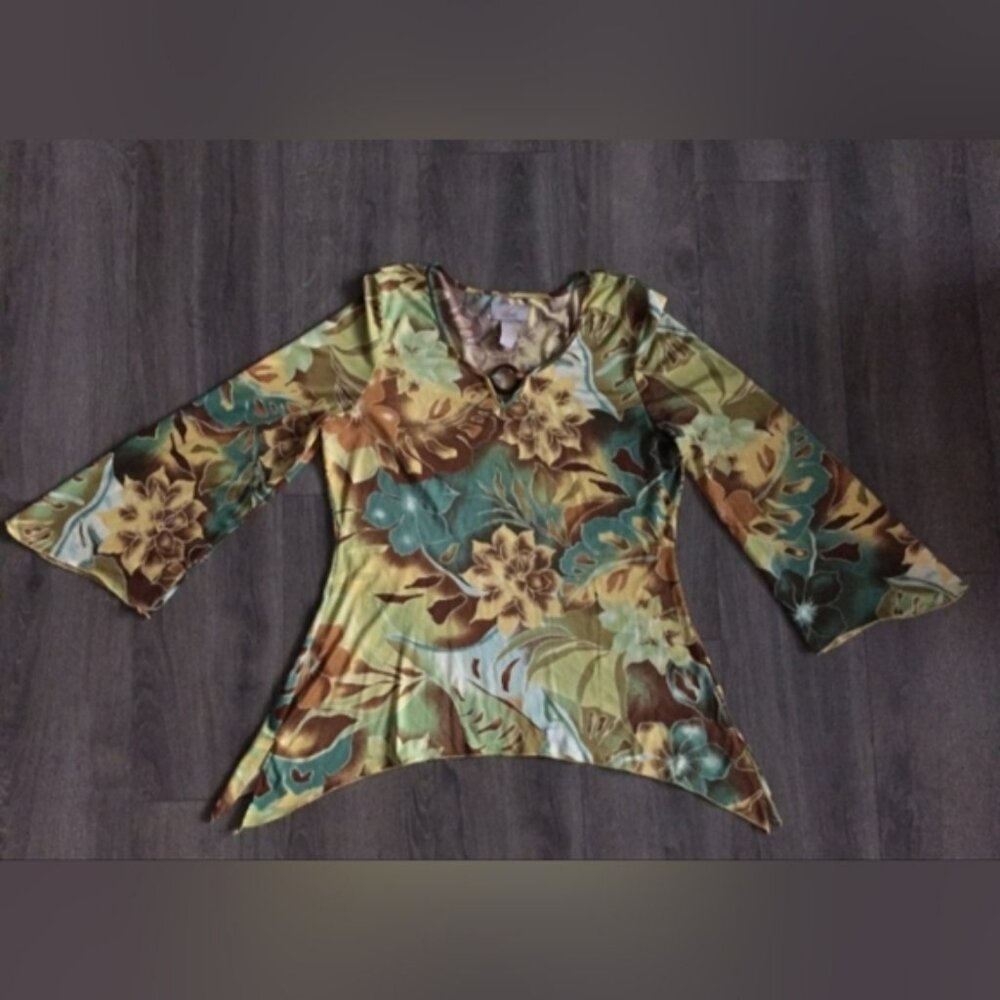 Style Midnight Velvet Floral Blouse Womens Size L Long Sleeve Brown Yellow Green